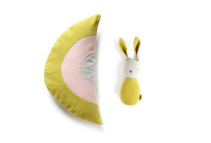 x Bertille and Léon - mini rainbow cushion and rattle rabbit duo
