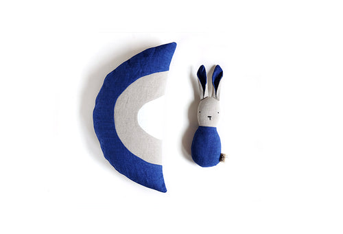x Bertille and Léon - mini rainbow cushion and rattle rabbit duo